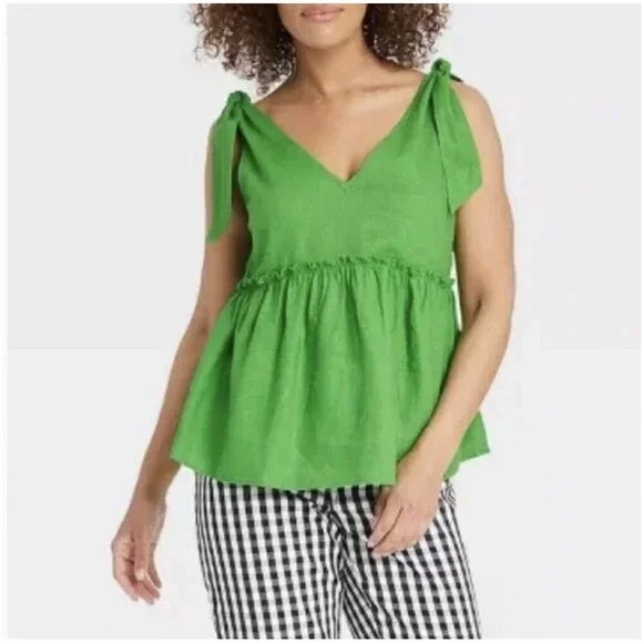 Who What Wear Kelly Green Linen Blend Oversized Baby Doll Tank Top Extra Small - Picture 1 of 8
